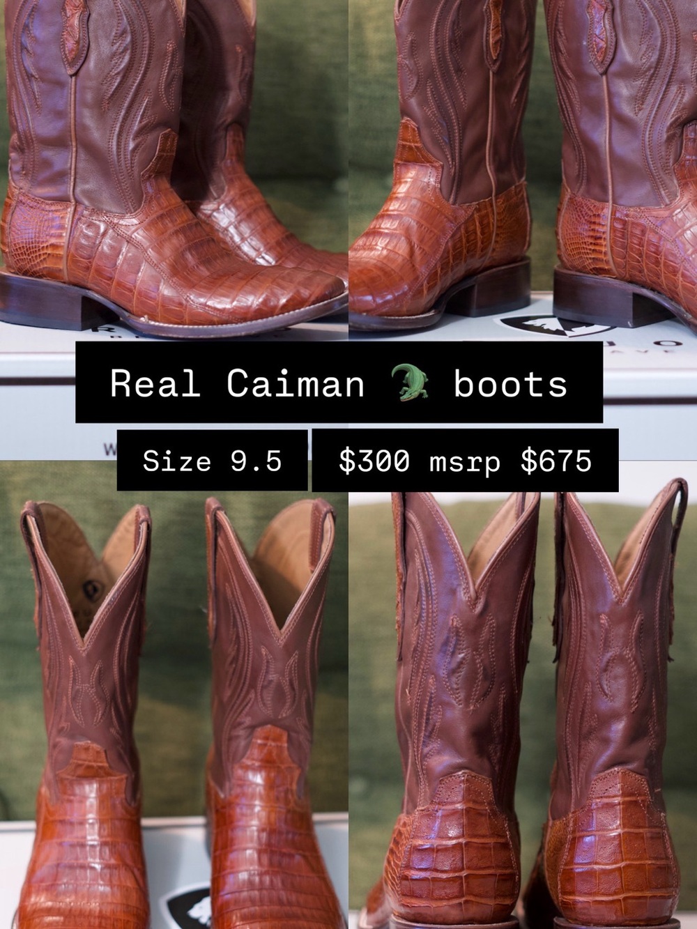 Men's Brown Caiman Leather Cowboy Boots - Size 9.5